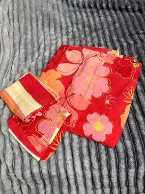 Cotton Fantasy Red Flowers Floral Striped Queen Duvet Cover Shams Sheet Set